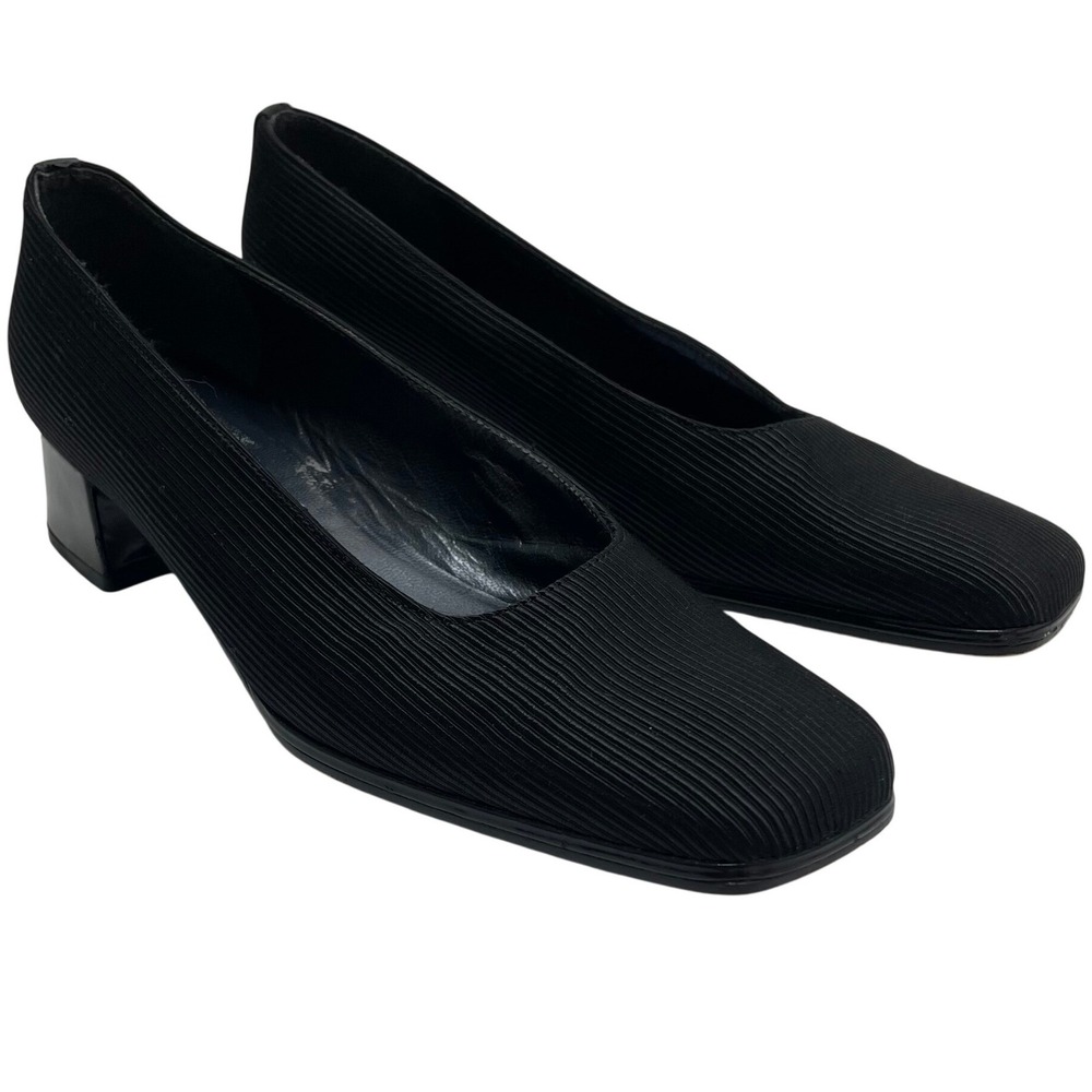 Stuart Weitzman Black Ribbed Fabric Square Toe Block Heel Pump Spain Old Money 8